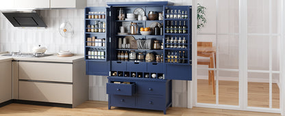 Blue Farmhouse Kitchen Pantry Cabinet with Adjustable Shelves