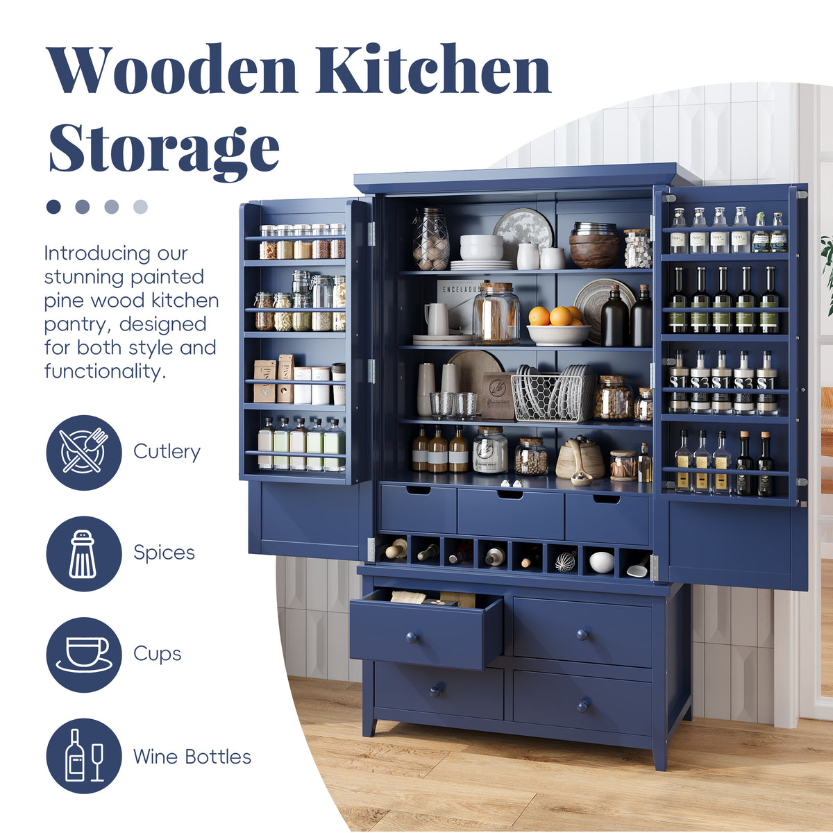 Blue Farmhouse Kitchen Pantry Cabinet with Adjustable Shelves
