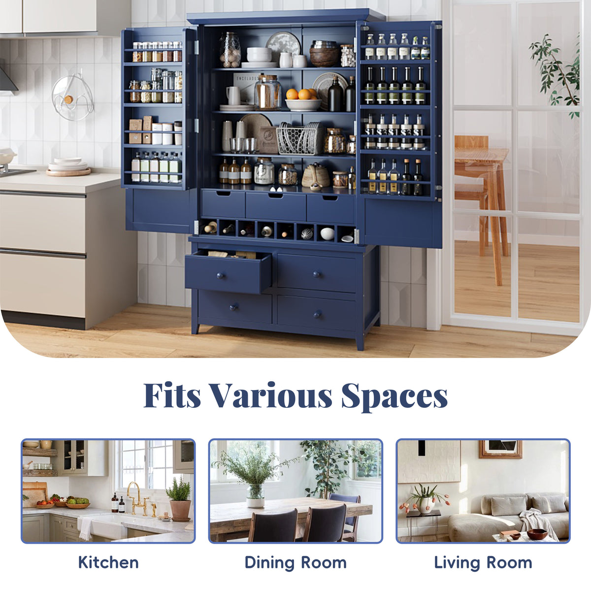 Blue Farmhouse Kitchen Pantry Cabinet with Adjustable Shelves