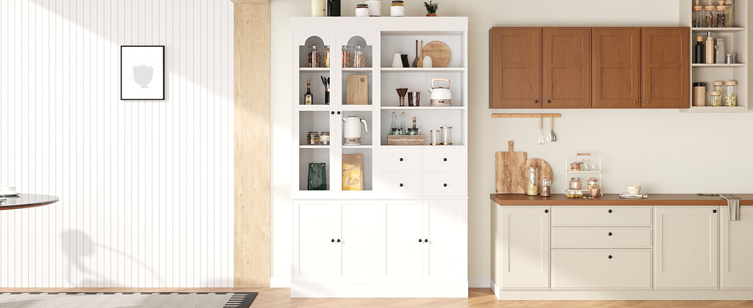White Farmhouse Buffet with Hutch - 75 Inch Kitchen Storage Cabinet