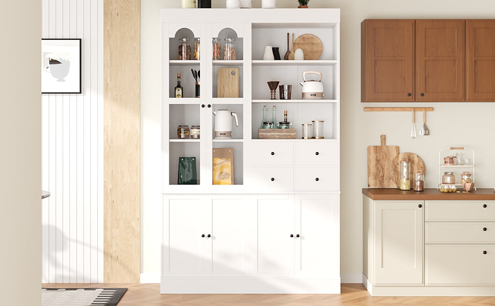 White Farmhouse Buffet with Hutch - 75 Inch Kitchen Storage Cabinet