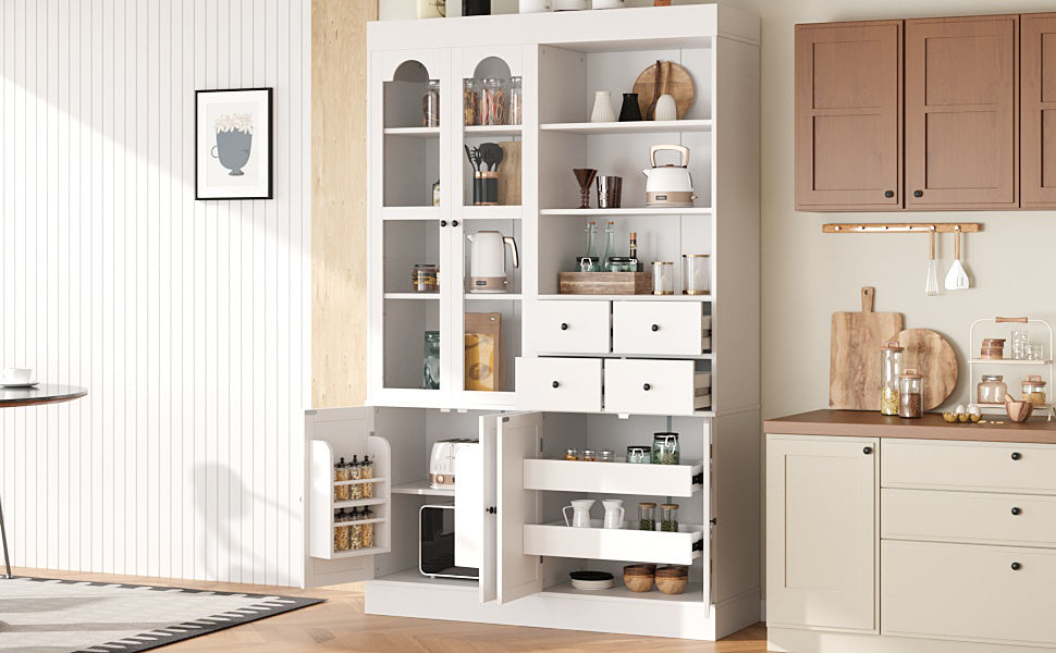 White Farmhouse Buffet with Hutch - 75 Inch Kitchen Storage Cabinet