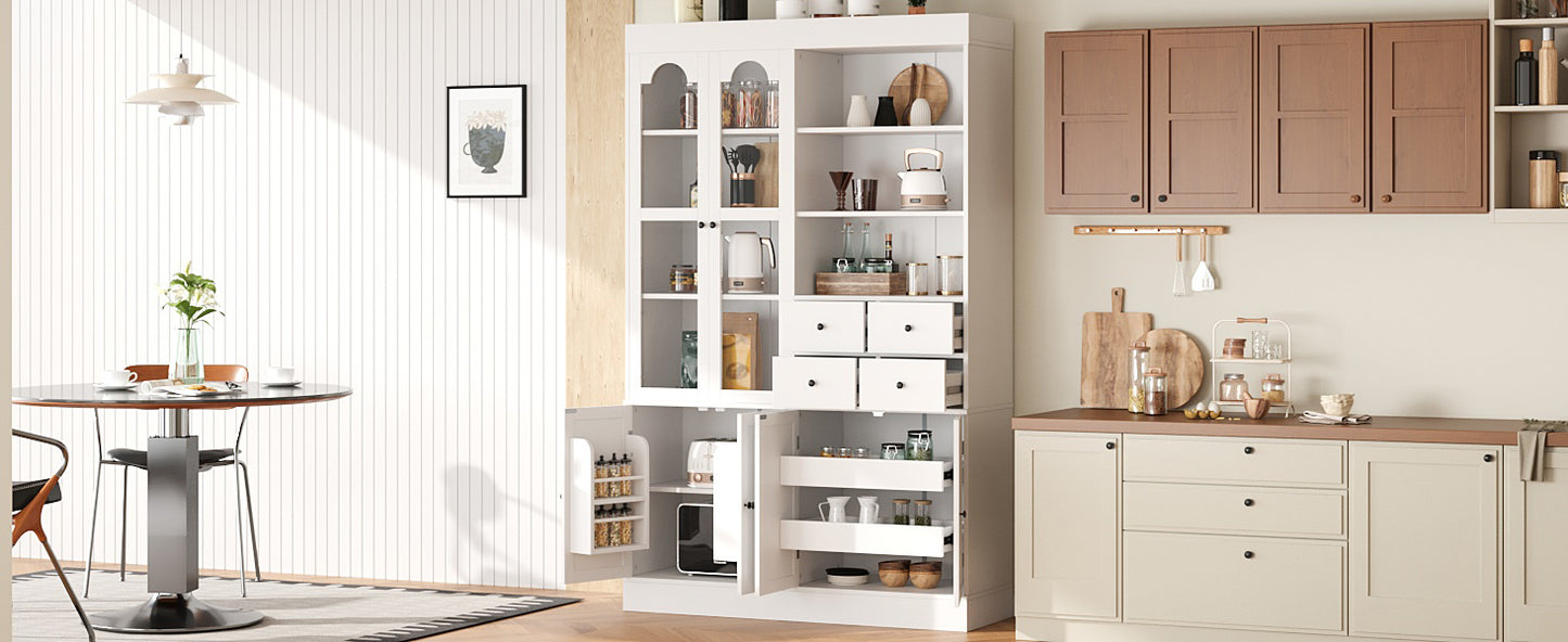 White Farmhouse Buffet with Hutch - 75 Inch Kitchen Storage Cabinet