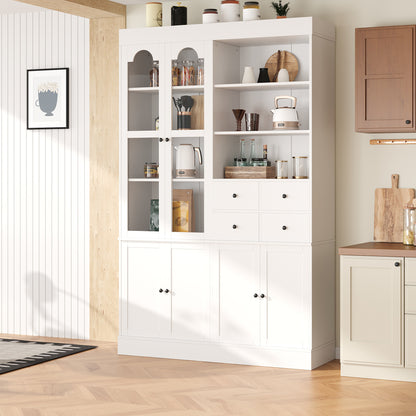 White Farmhouse Buffet with Hutch - 75 Inch Kitchen Storage Cabinet