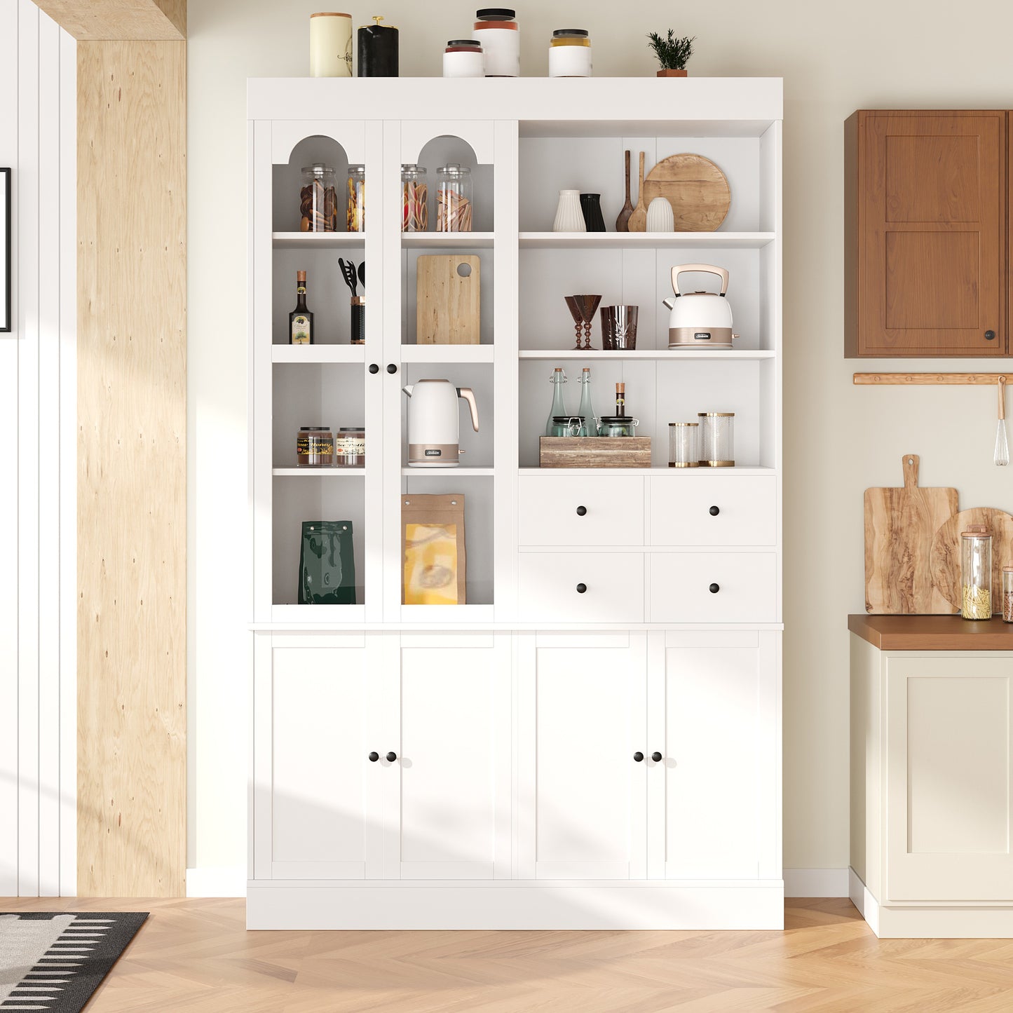 White Farmhouse Buffet with Hutch - 75 Inch Kitchen Storage Cabinet