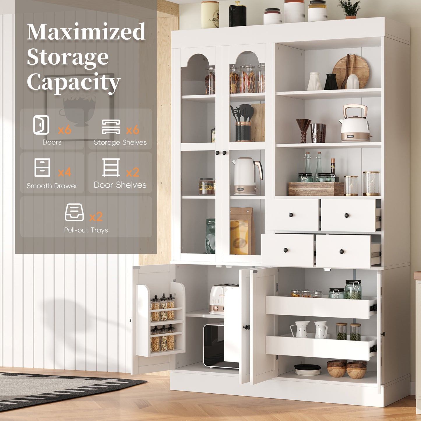 White Farmhouse Buffet with Hutch - 75 Inch Kitchen Storage Cabinet