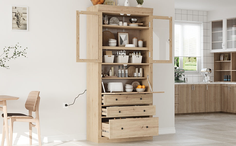 Farmhouse Kitchen Pantry Cabinet - 36" Adjustable Shelves & Power Outlet