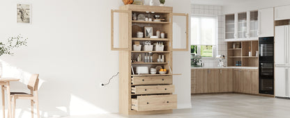 Farmhouse Kitchen Pantry Cabinet - 36" Adjustable Shelves & Power Outlet
