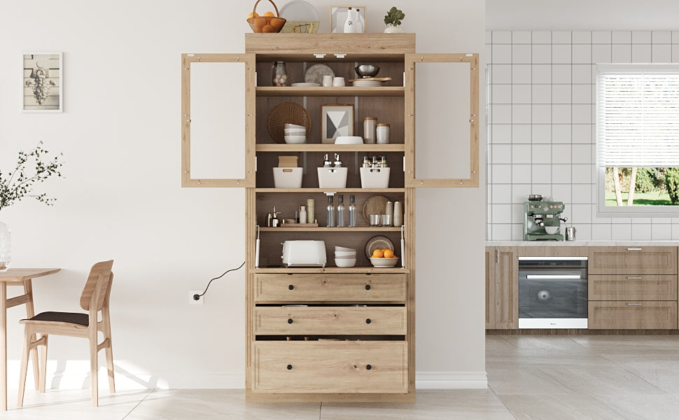 Farmhouse Kitchen Pantry Cabinet - 36" Adjustable Shelves & Power Outlet
