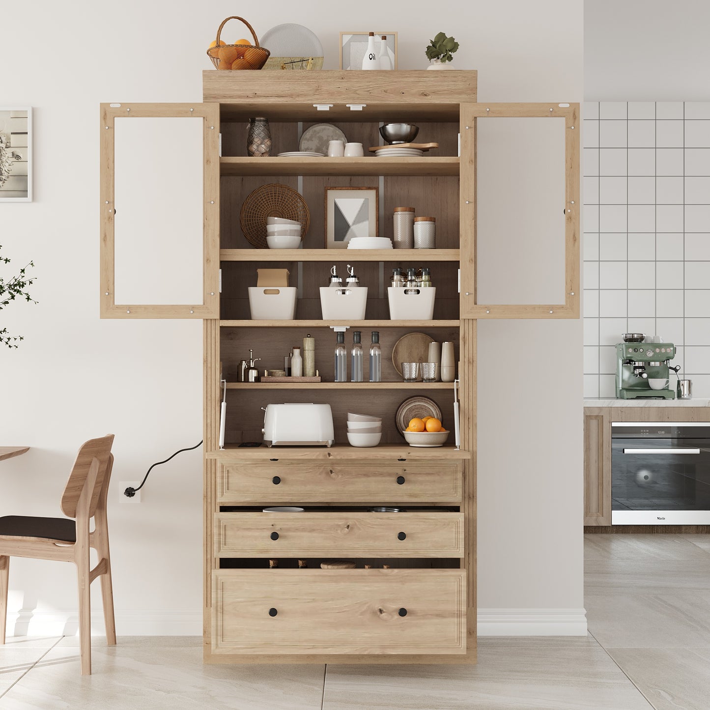 Farmhouse Kitchen Pantry Cabinet - 36" Adjustable Shelves & Power Outlet