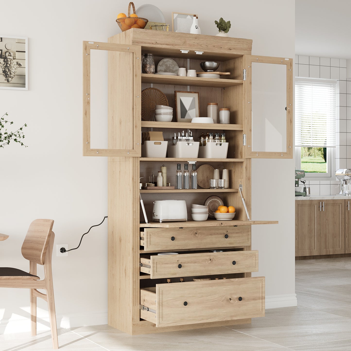 [Assembly Video Provided]TOPMAX 36x16.5x78inch Freestanding Kitchen Pantry Storage Cabinet,Multifunctional Cupboard with 3 Drawers,Adjustable Shelves and Power Outlet for Dining,Living Room,Natural
