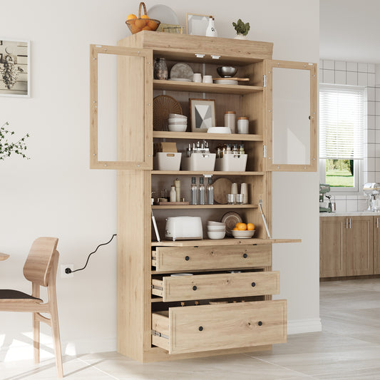 [Assembly Video Provided]TOPMAX 36x16.5x78inch Freestanding Kitchen Pantry Storage Cabinet,Multifunctional Cupboard with 3 Drawers,Adjustable Shelves and Power Outlet for Dining,Living Room,Natural