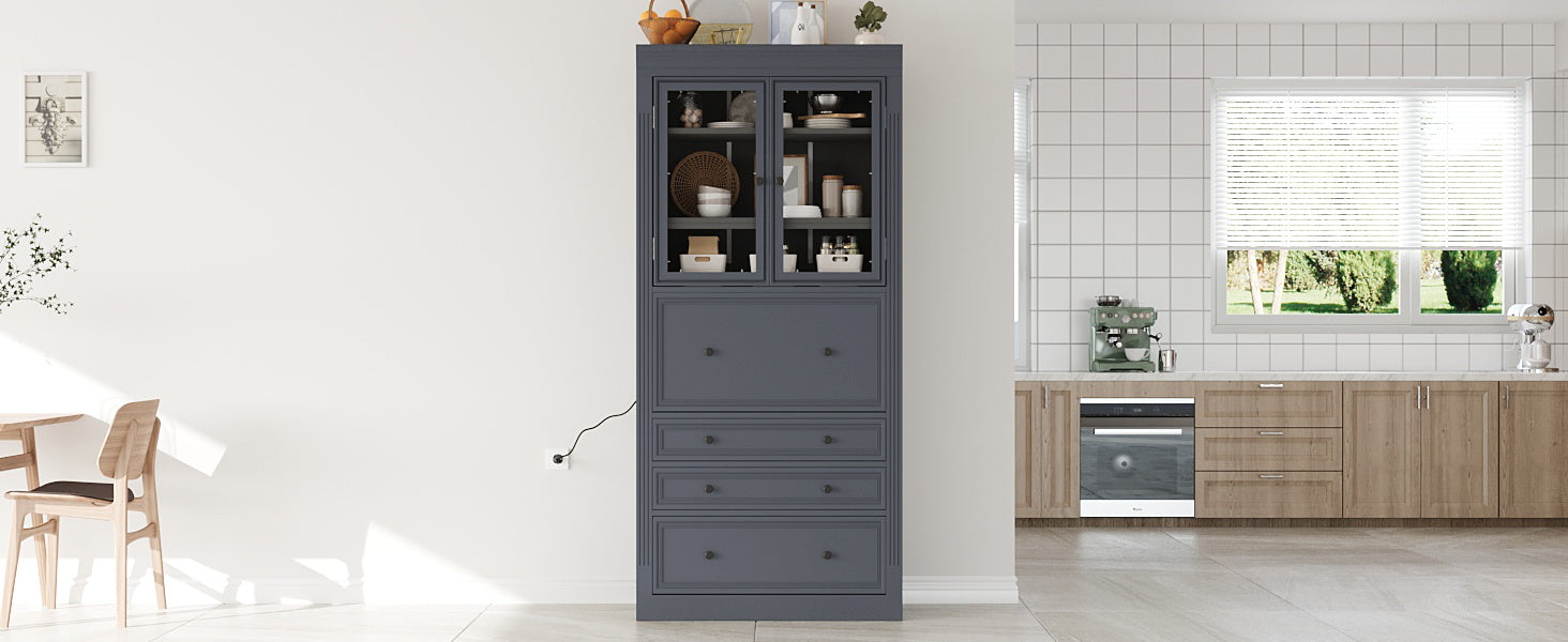 Grey Farmhouse Kitchen Pantry with Adjustable Shelves & Power Outlet