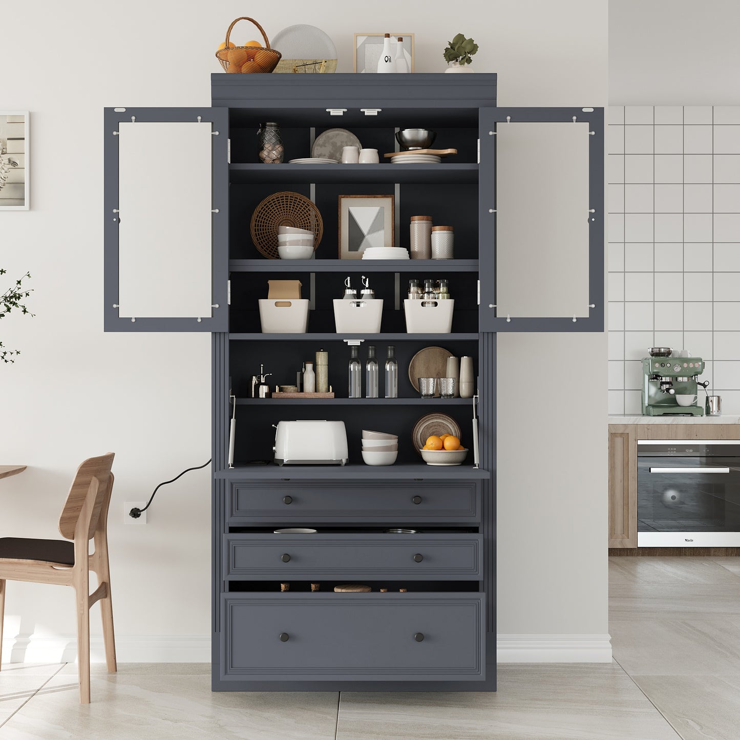 Grey Farmhouse Kitchen Pantry with Adjustable Shelves & Power Outlet