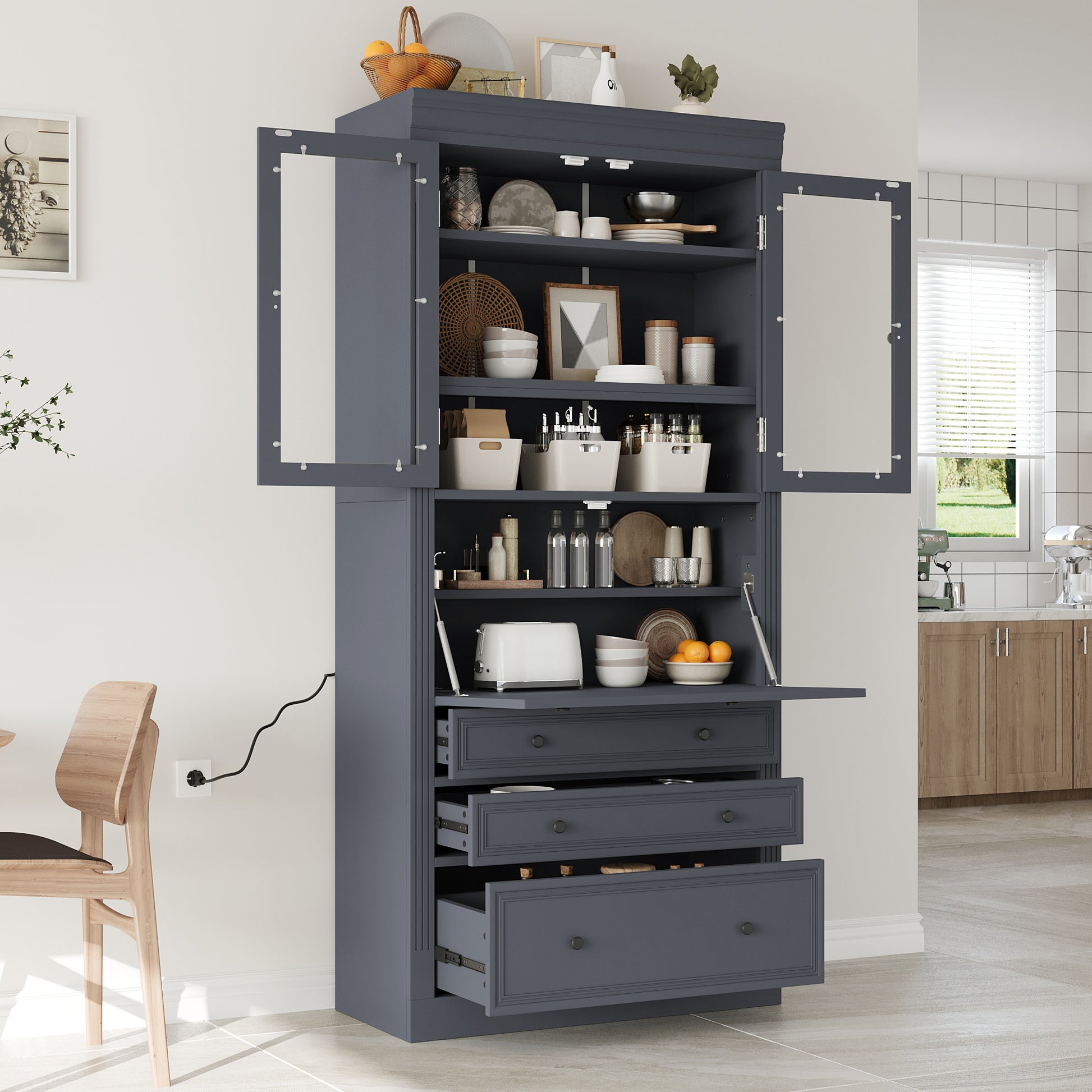 [Assembly Video Provided] TOPMAX 36x16.5x78inch Freestanding Kitchen Pantry Storage Cabinet,Multifunctional Cupboard with 3 Drawers,Adjustable Shelves and Power Outlet for Dining and Living Room,Grey