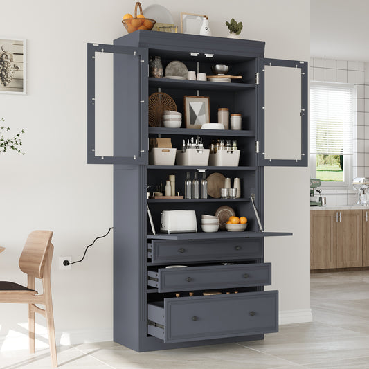 [Assembly Video Provided] TOPMAX 36x16.5x78inch Freestanding Kitchen Pantry Storage Cabinet,Multifunctional Cupboard with 3 Drawers,Adjustable Shelves and Power Outlet for Dining and Living Room,Grey