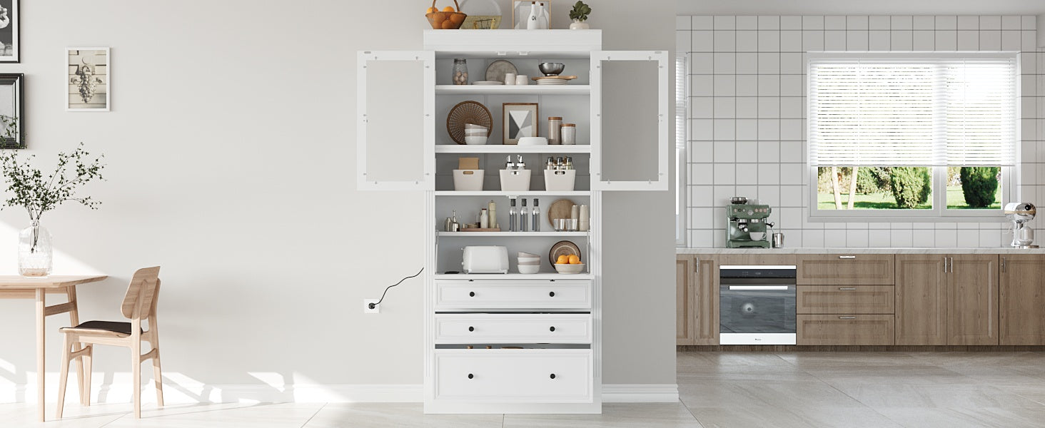 White Farmhouse Kitchen Pantry Cabinet - 78 Inch Storage