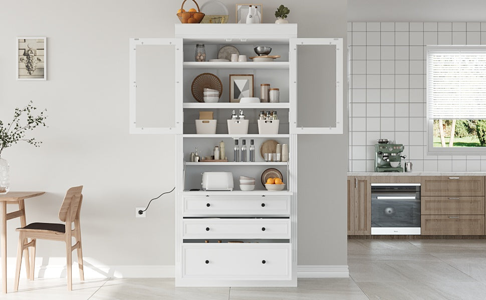 White Farmhouse Kitchen Pantry Cabinet - 78 Inch Storage