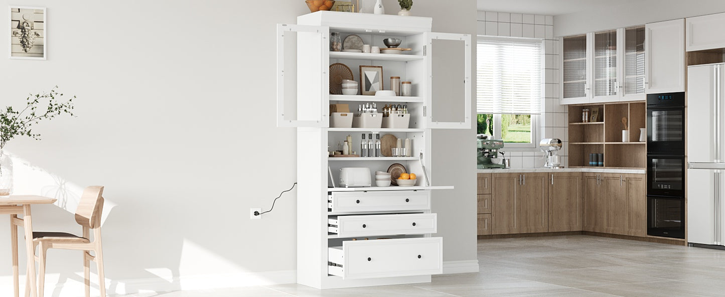 White Farmhouse Kitchen Pantry Cabinet - 78 Inch Storage