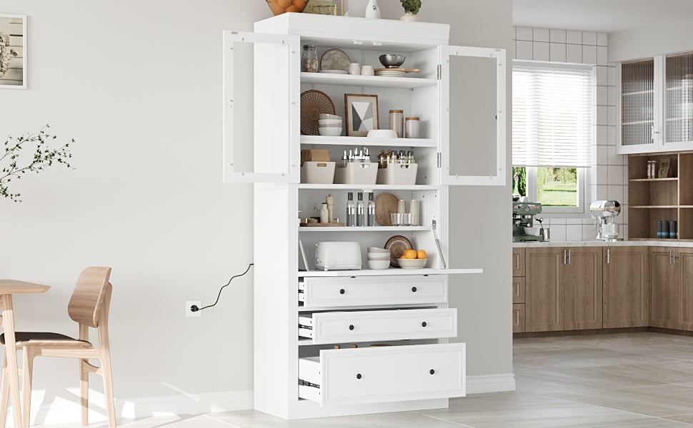 White Farmhouse Kitchen Pantry Cabinet - 78 Inch Storage