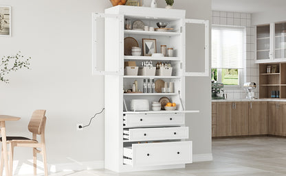 White Farmhouse Kitchen Pantry Cabinet - 78 Inch Storage
