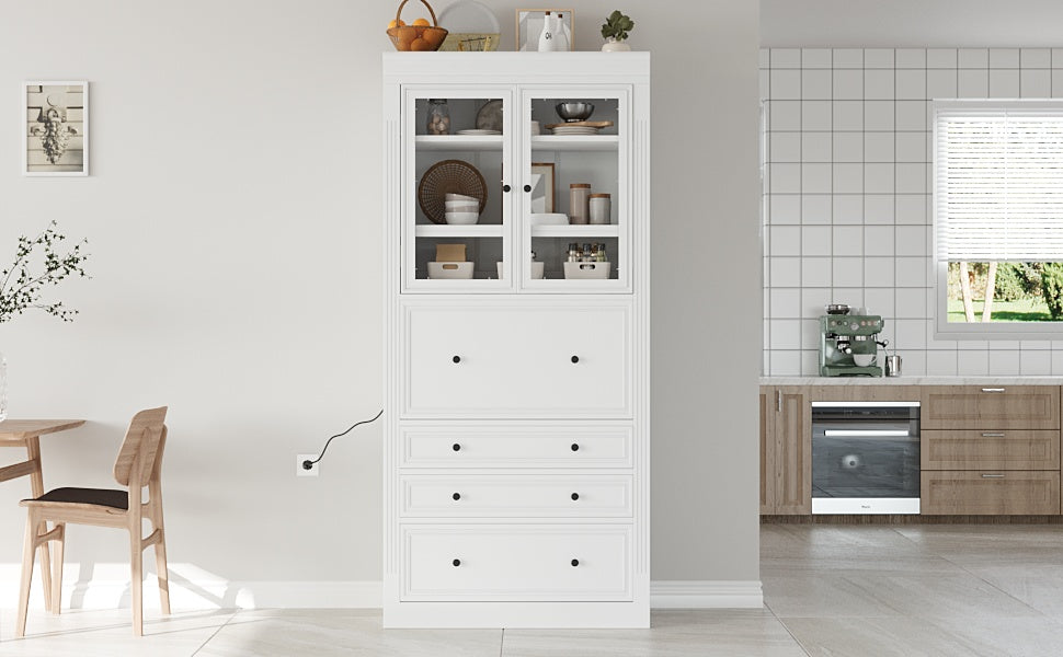 White Farmhouse Kitchen Pantry Cabinet - 78 Inch Storage