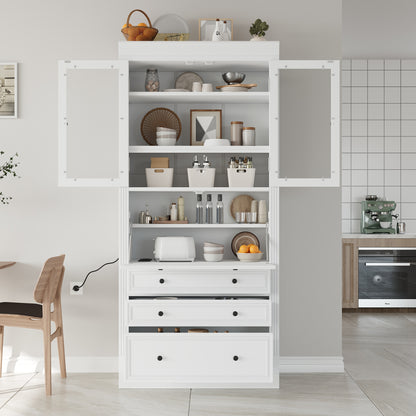 White Farmhouse Kitchen Pantry Cabinet - 78 Inch Storage