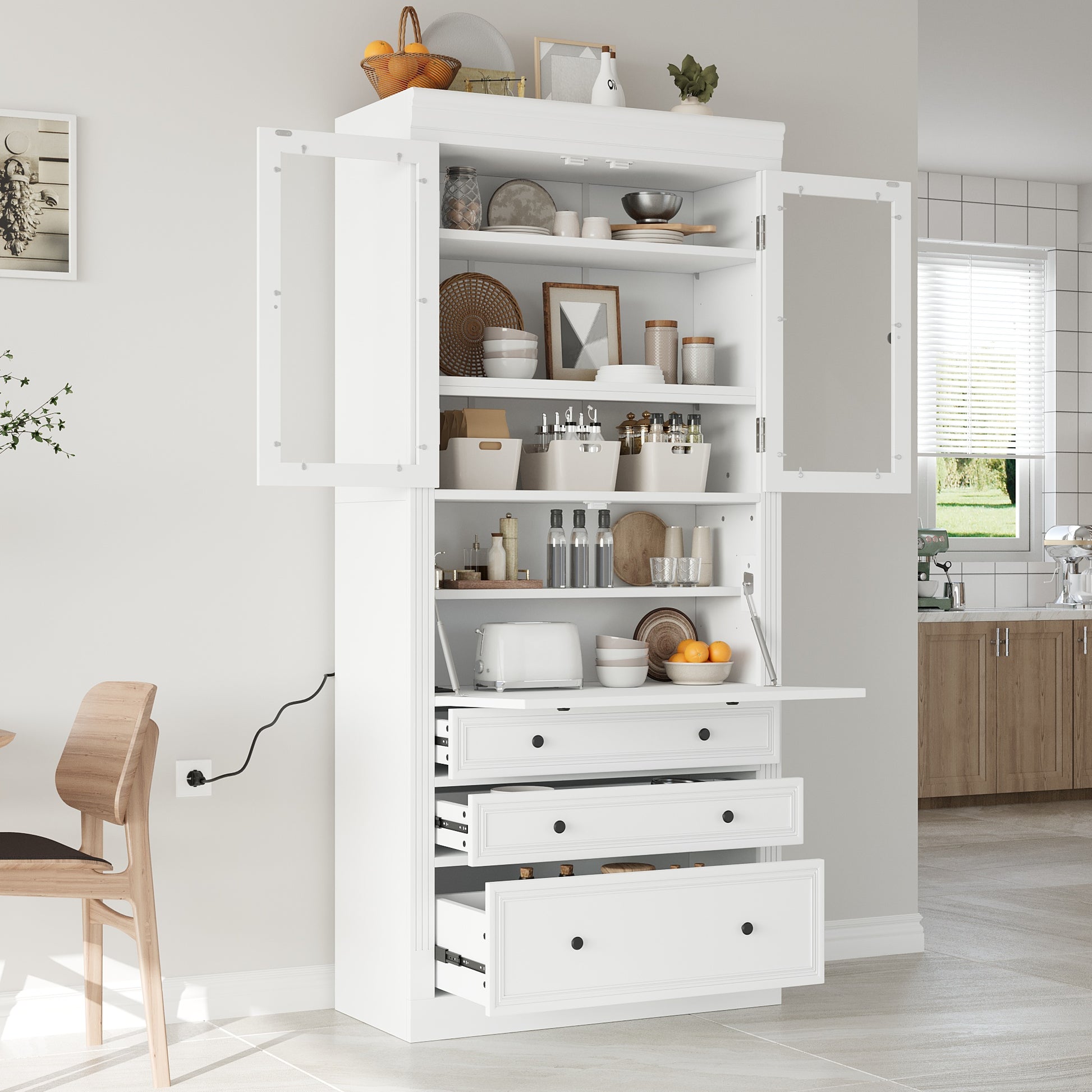 [Assembly Video Provided] TOPMAX 36x16.5x78inch Freestanding Kitchen Pantry Storage Cabinet,Multifunctional Cupboard with 3 Drawers,Adjustable Shelves and Power Outlet for Dining and Living Room,White