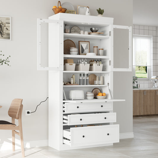 [Assembly Video Provided] TOPMAX 36x16.5x78inch Freestanding Kitchen Pantry Storage Cabinet,Multifunctional Cupboard with 3 Drawers,Adjustable Shelves and Power Outlet for Dining and Living Room,White