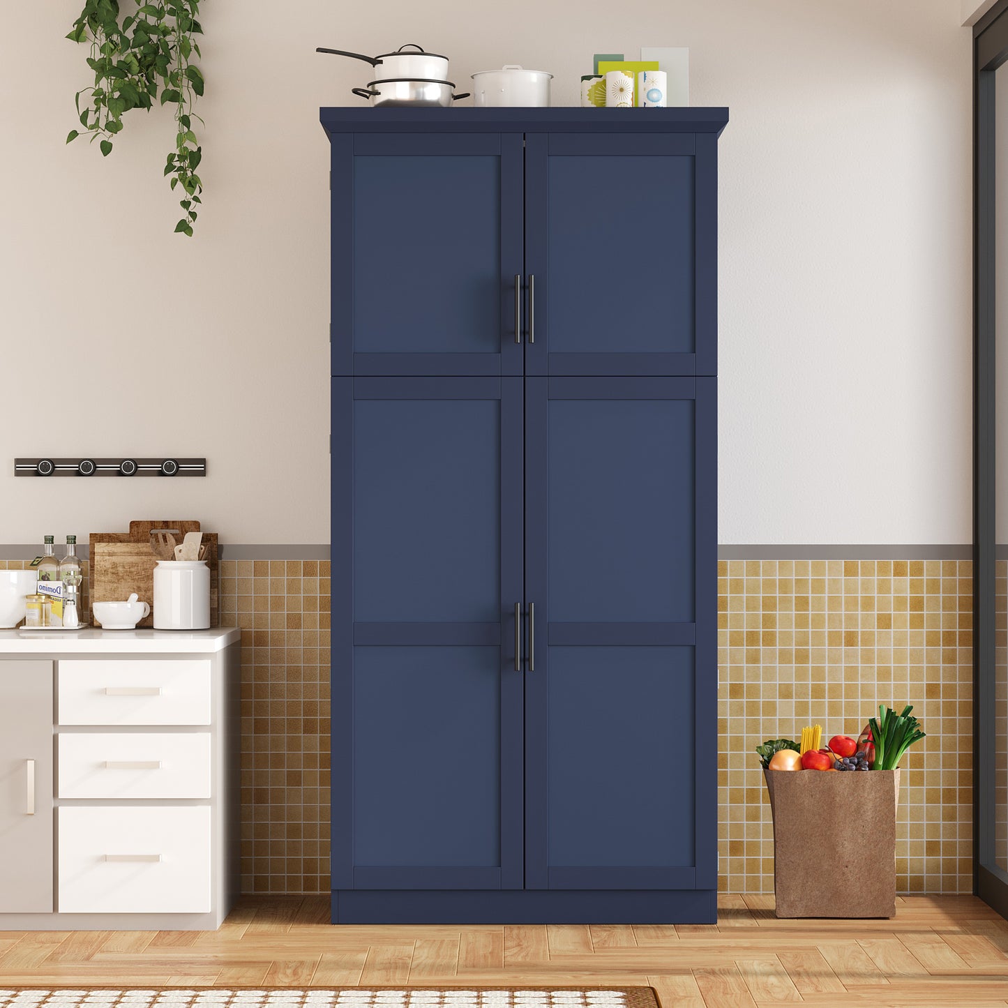 Blue Farmhouse Kitchen Pantry Cabinet - 35.5" Storage