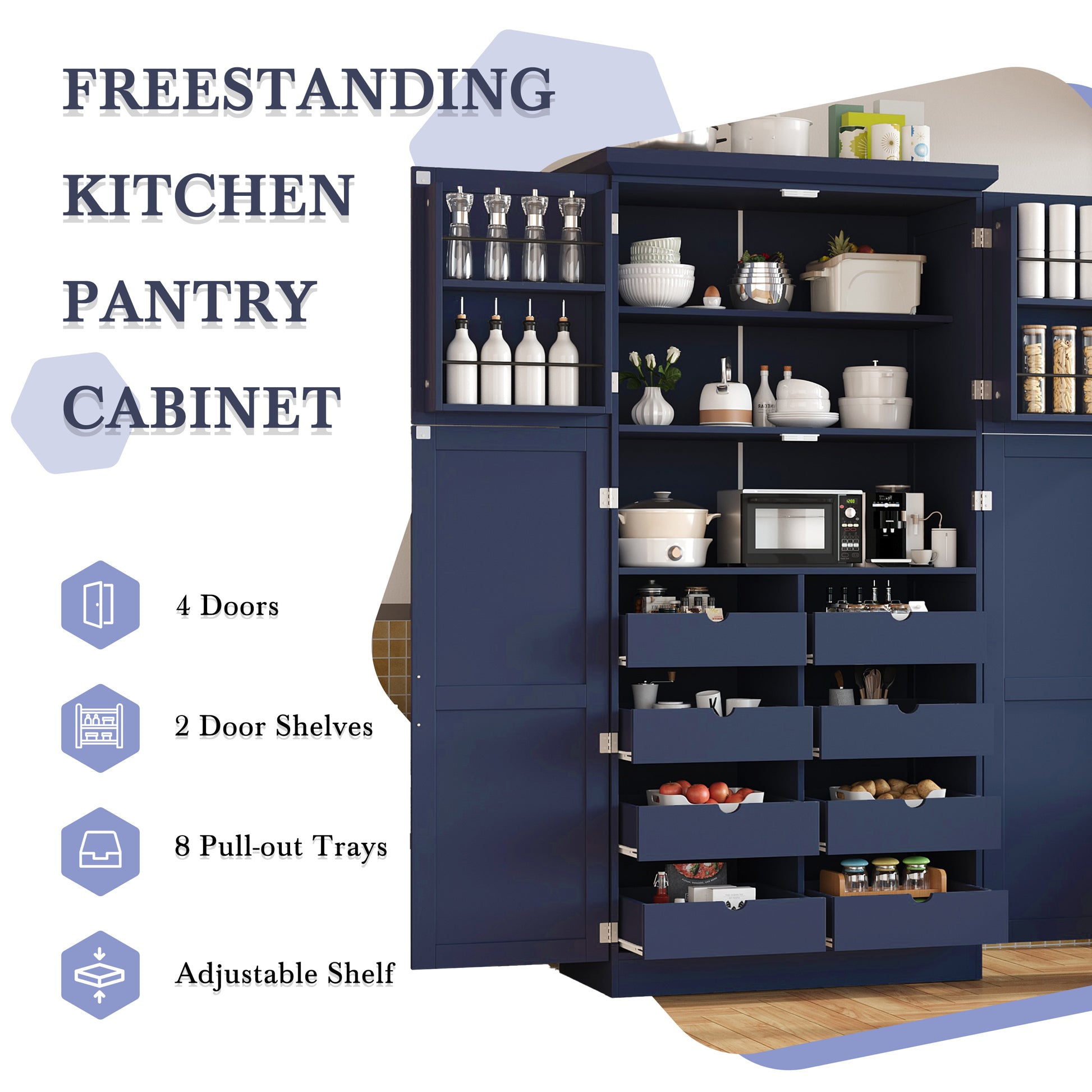 Blue Farmhouse Kitchen Pantry Cabinet - 35.5" Storage