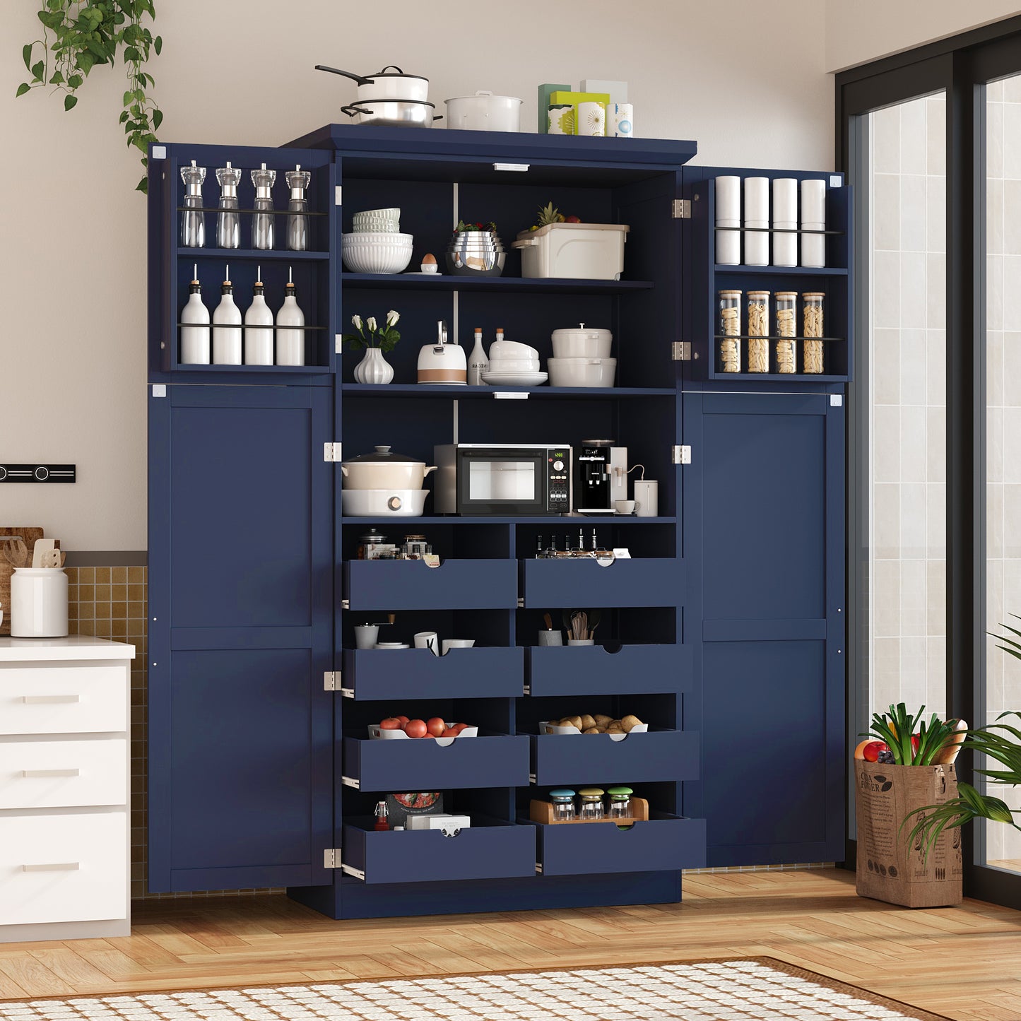 [Assembly Video Provided] TOPMAX 35.5x17.6x70.9inch Freestanding Kitchen Pantry Cabinet, Tall Storage Cabinet with 4 Doors, 2 Door Shelves, 8 Pull-out Trays and Adjustable Shelf for Dining Room, Blue