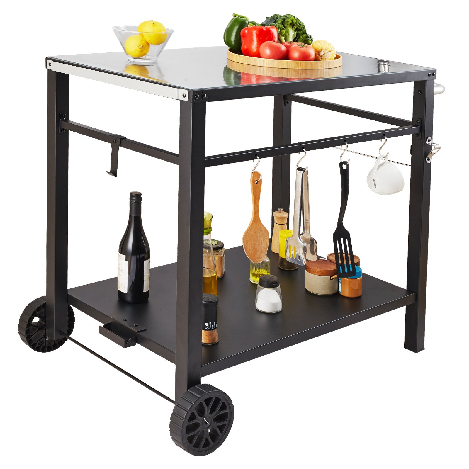Black Iron BBQ Food Prep Cart with Double Shelves for Outdoor Kitchen