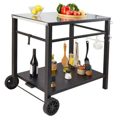 Black Iron BBQ Food Prep Cart with Double Shelves for Outdoor Kitchen