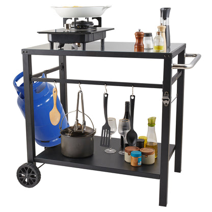 Black Iron BBQ Food Prep Cart with Double Shelves for Outdoor Kitchen