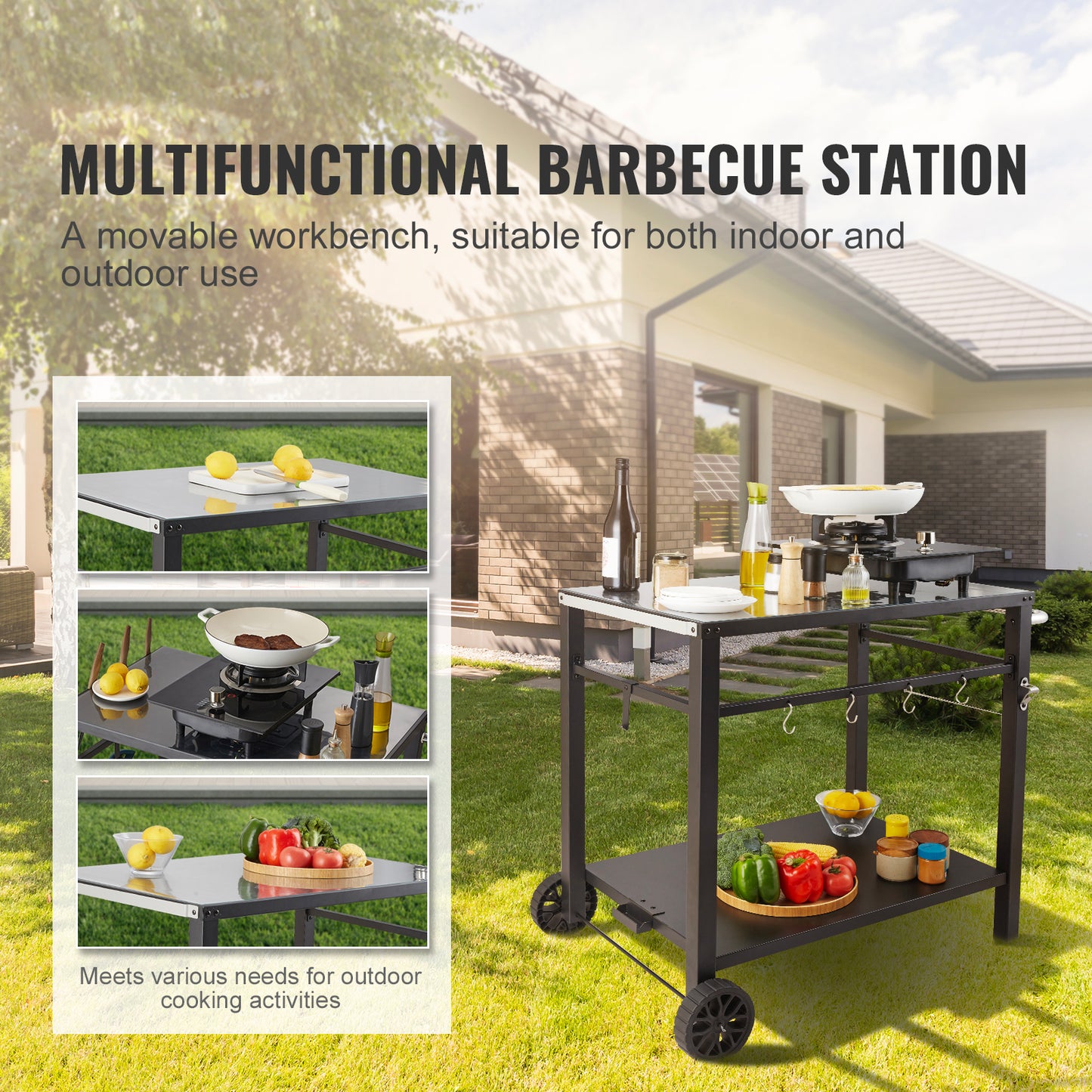 Black Iron BBQ Food Prep Cart with Double Shelves for Outdoor Kitchen