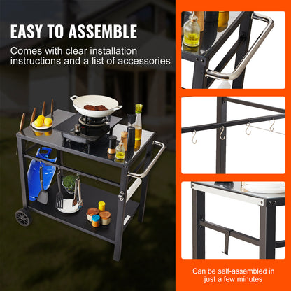 Black Iron BBQ Food Prep Cart with Double Shelves for Outdoor Kitchen