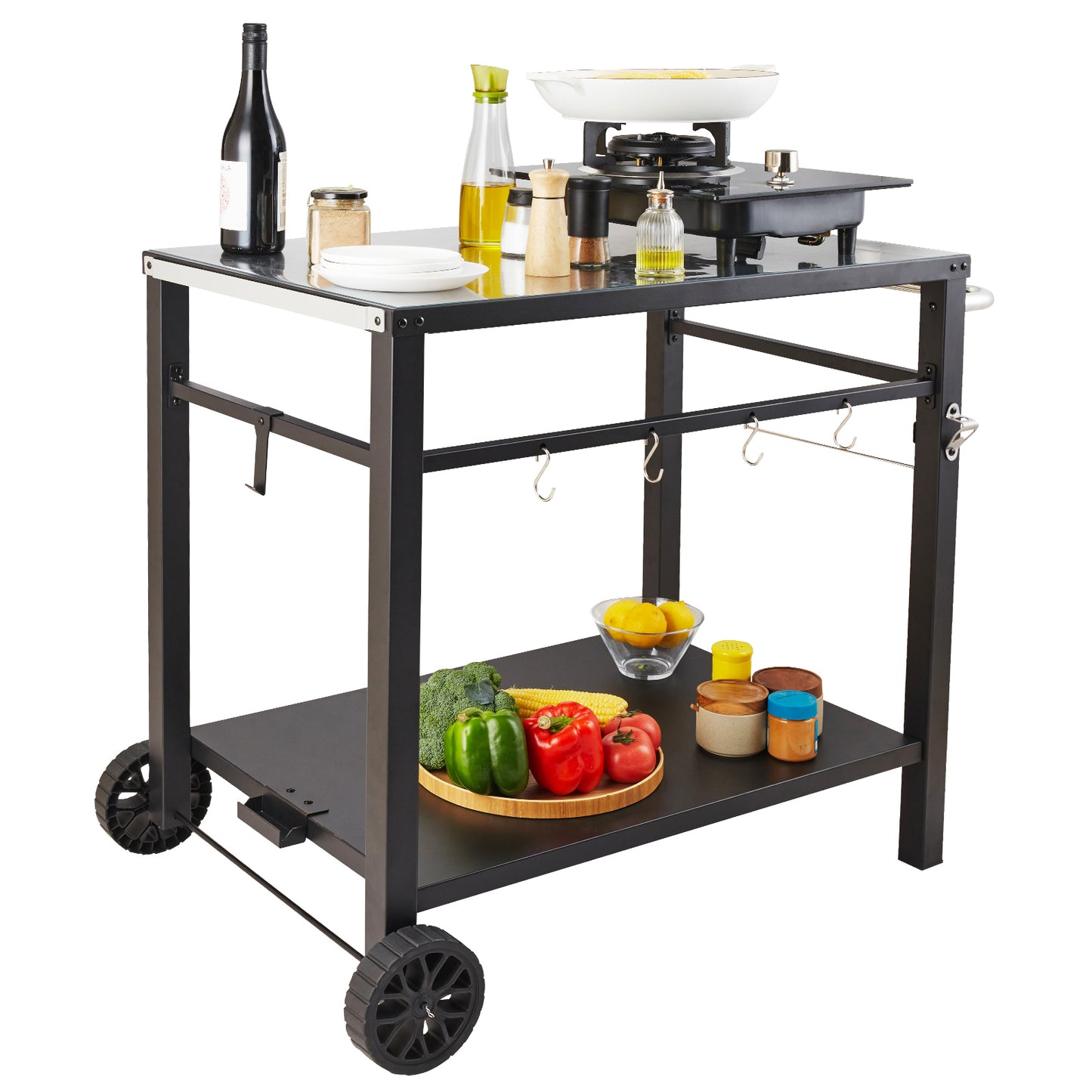 Outdoor Grill Dining Cart with Double-Shelf, BBQ Movable Food Prep Table, Multifunctional Iron Table Top, Portable Modular Carts for Pizza Oven, Worktable with 2 Wheels, Carry Handle, Black