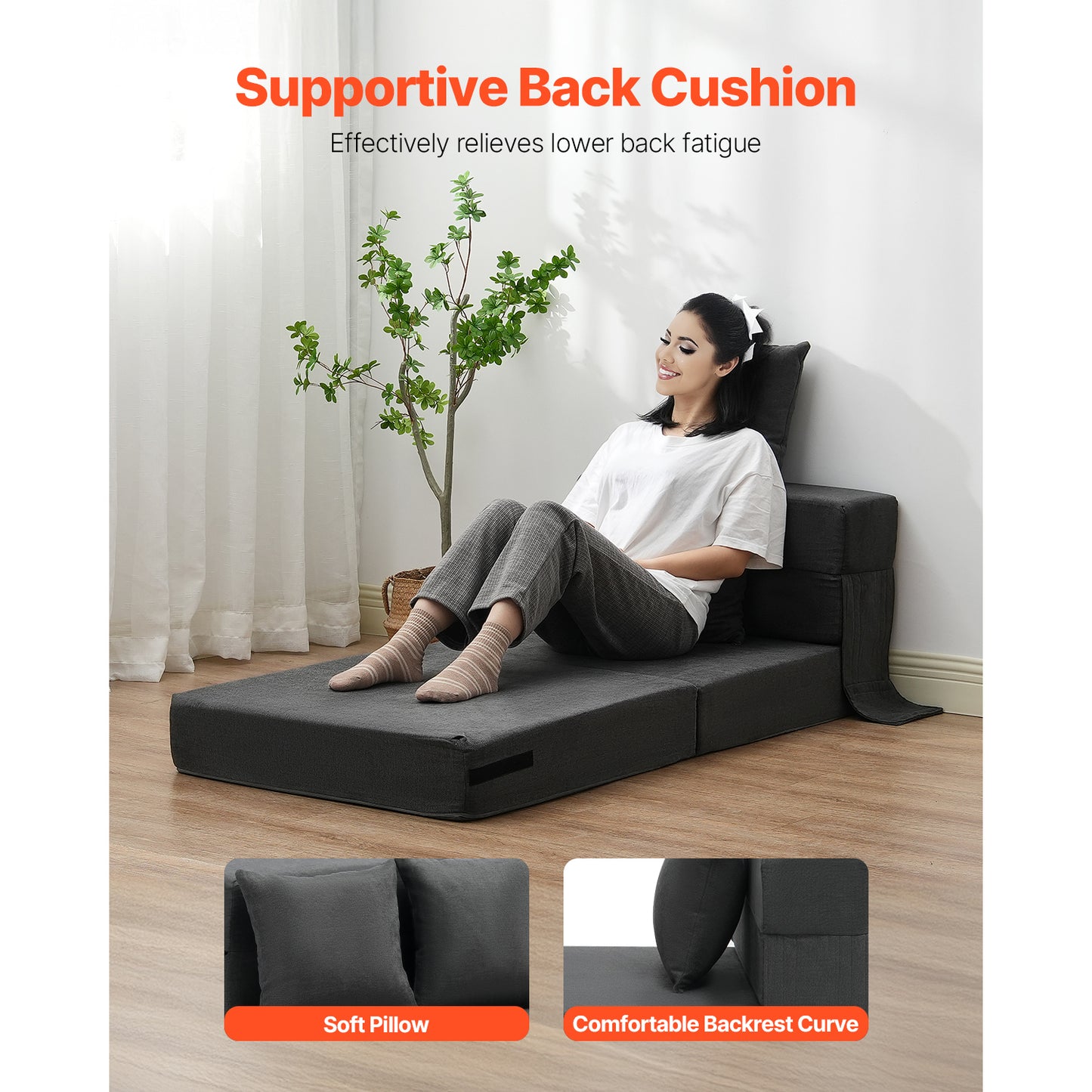 Dark Gray Polyurethane Sofa Bed - 3-in-1 Folding Couch for Living Room