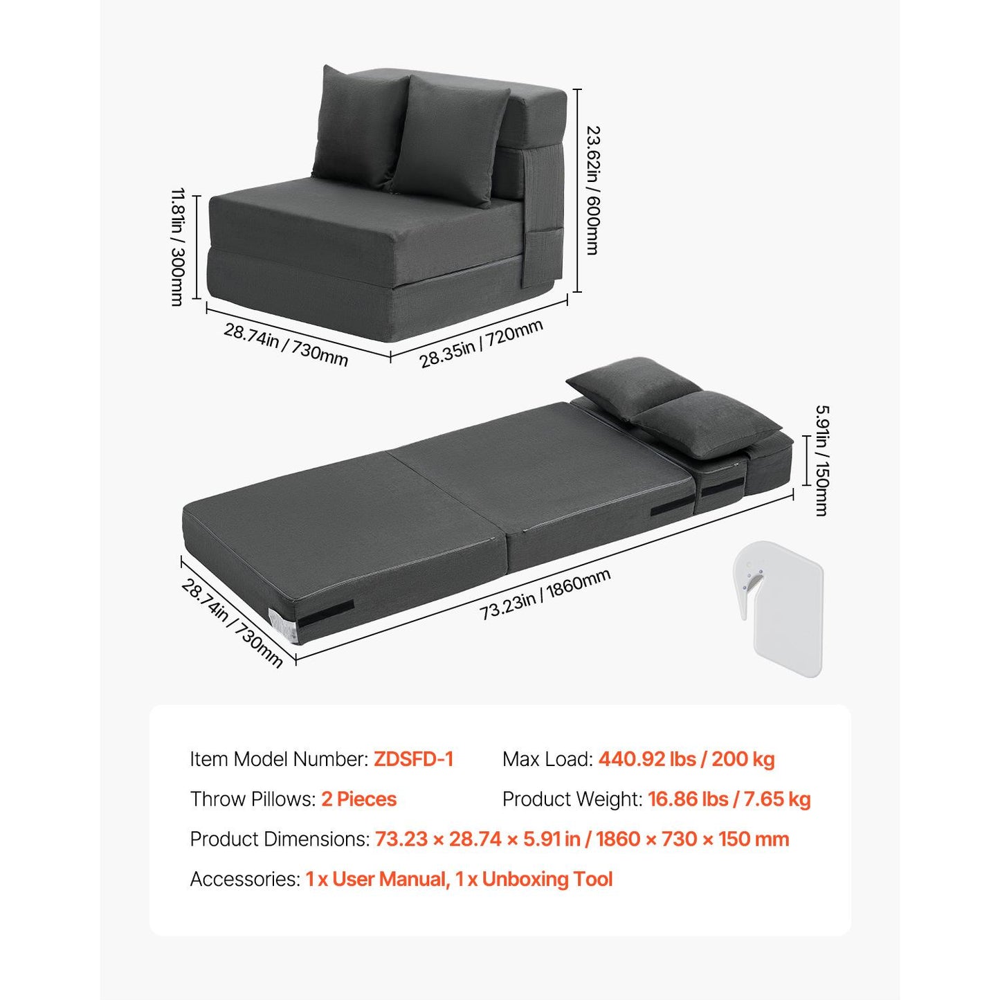 Dark Gray Polyurethane Sofa Bed - 3-in-1 Folding Couch for Living Room