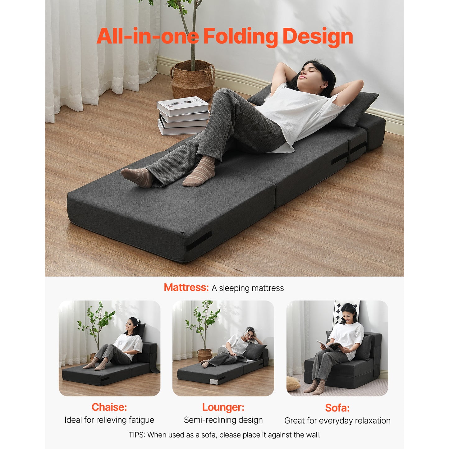 Dark Gray Polyurethane Sofa Bed - 3-in-1 Folding Couch for Living Room