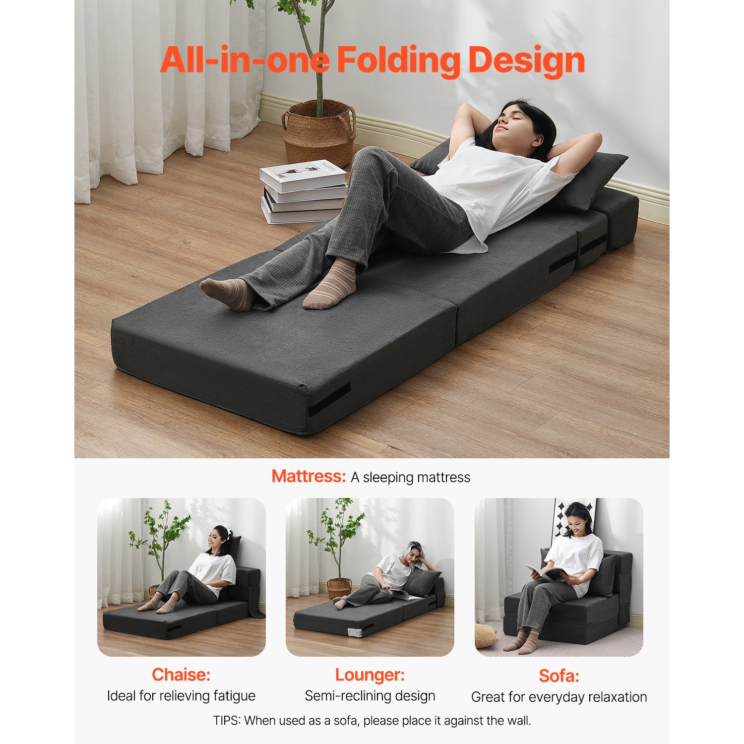 Dark Gray Polyurethane Sofa Bed - 3-in-1 Folding Couch for Living Room