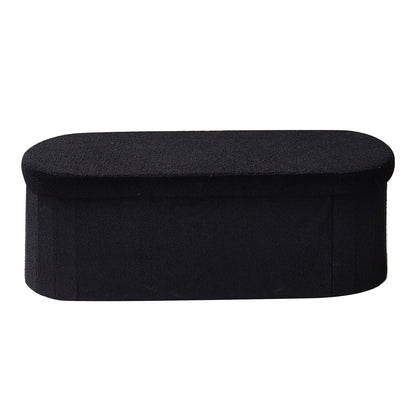 Oval Storage Ottoman Bench, Foldable Teddy Fleece End of Bed Bench, Folding Upholstered Bed Ottoman Chest with Large Storage Space, Supports 660 lbs, for Living Room, Bedroom, Entryway, Black