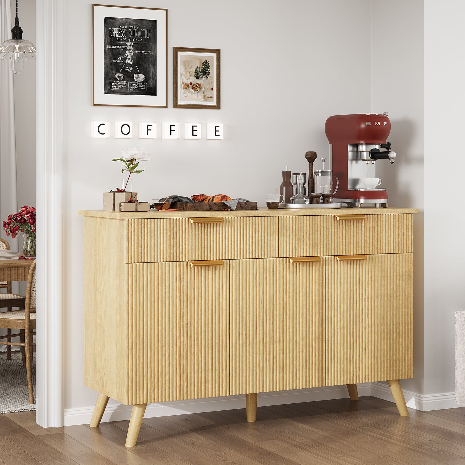 Kitchen Storage Cabinet with Drawers and Doors, Modern Fluted Sideboard Buffet Cabinet with Adjustable Shelves for Living Room, Oak
