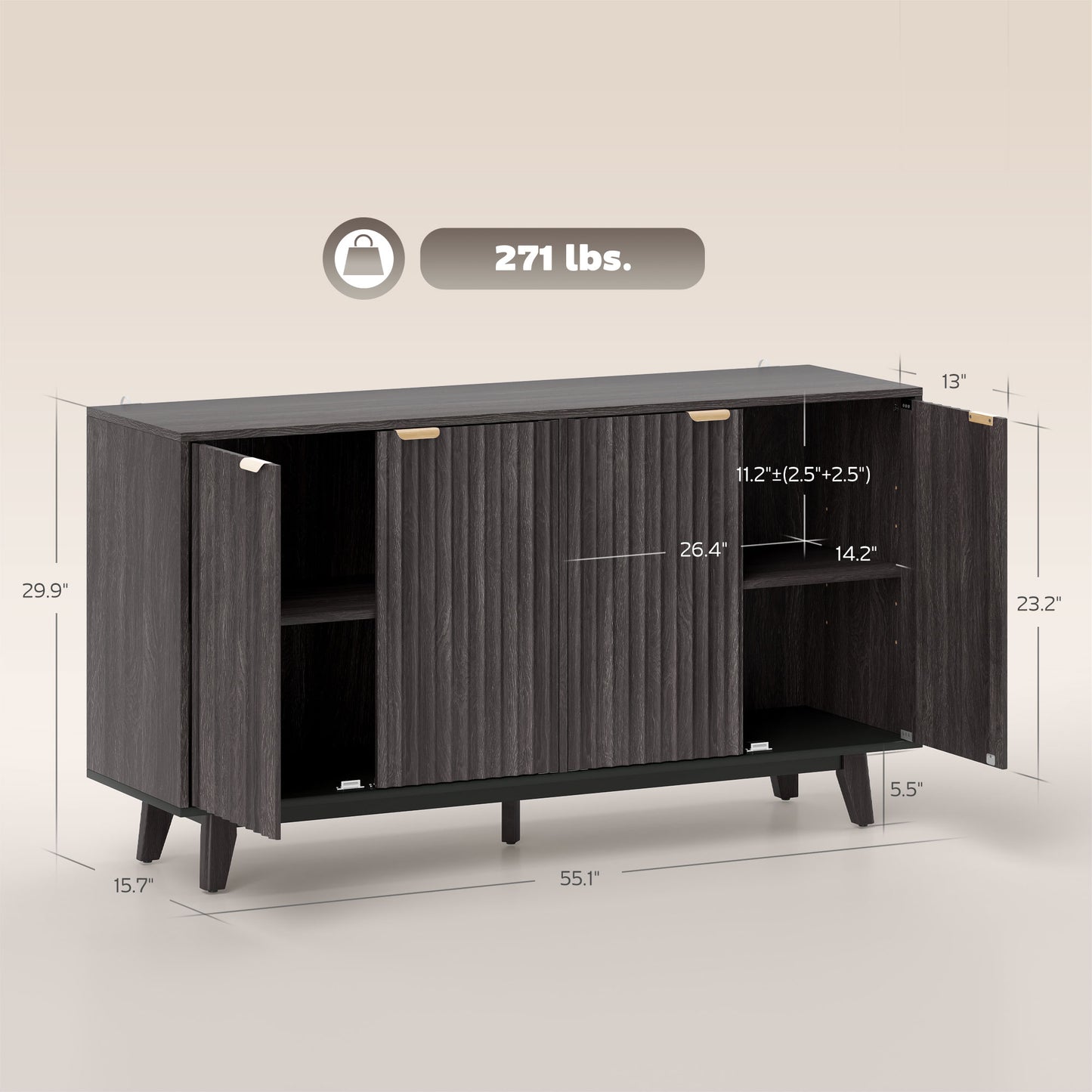 Dark Gray Buffet Cabinet with Adjustable Shelves