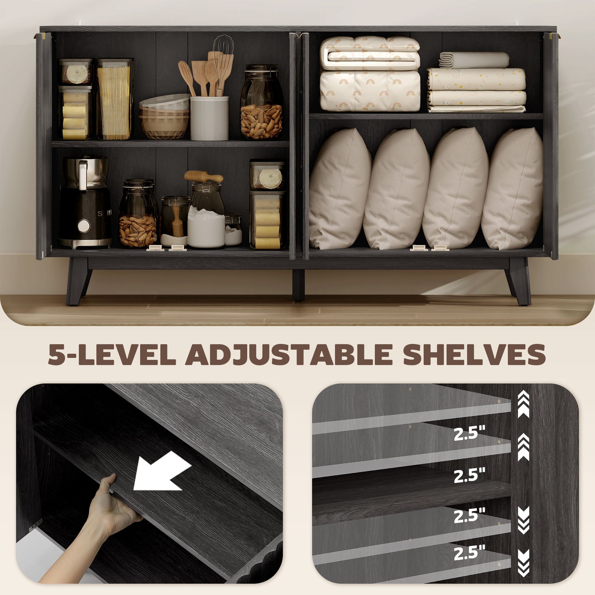 Dark Gray Buffet Cabinet with Adjustable Shelves
