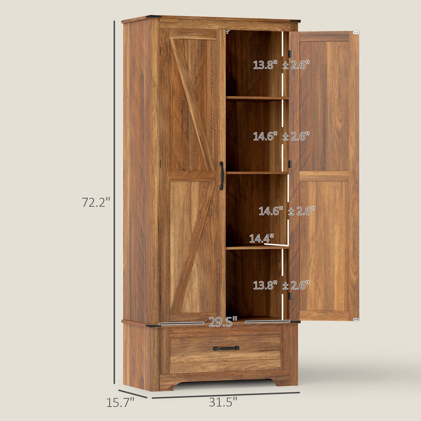 Brown Farmhouse Pantry Cabinet with Doors - 72" Tall