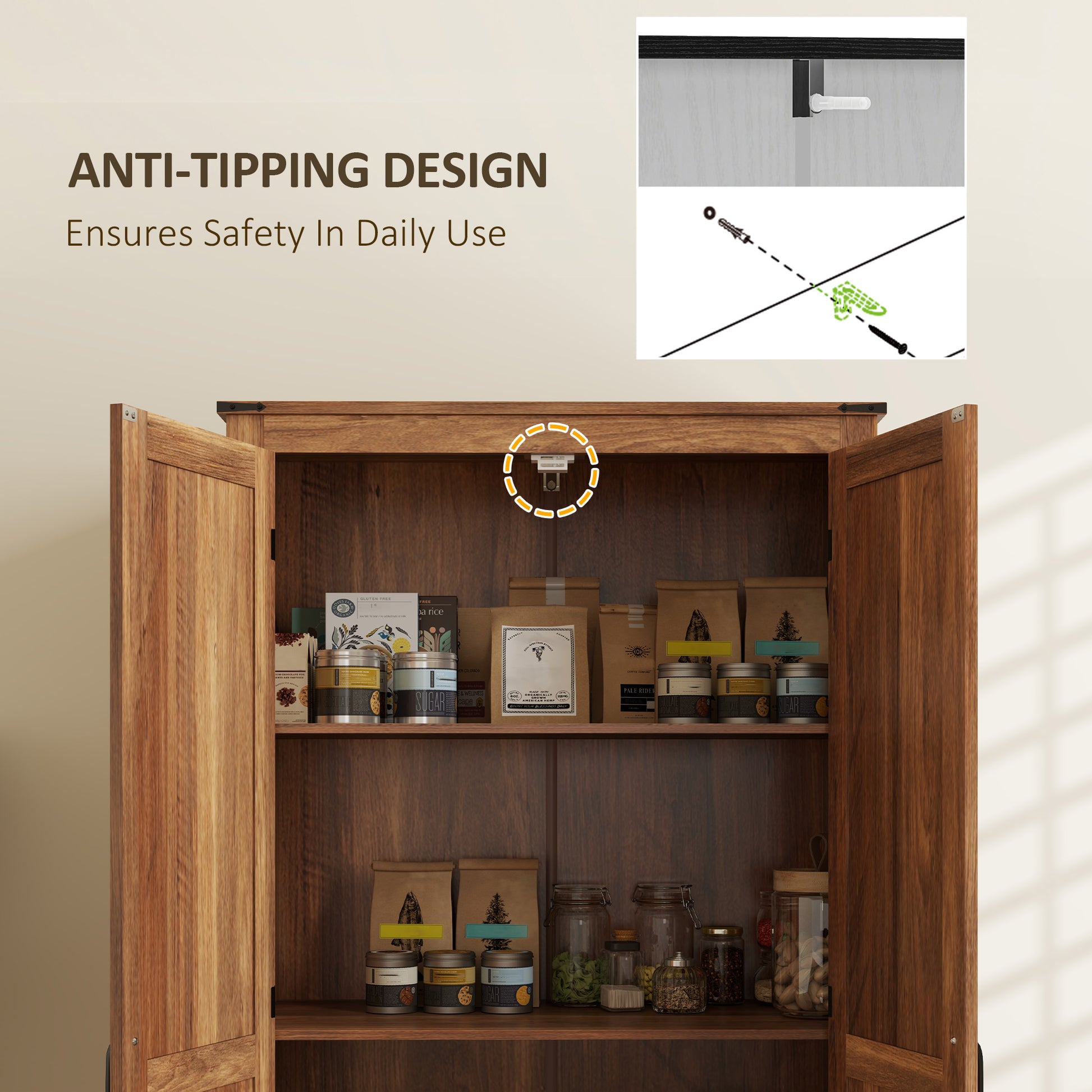 Brown Farmhouse Pantry Cabinet with Doors - 72" Tall
