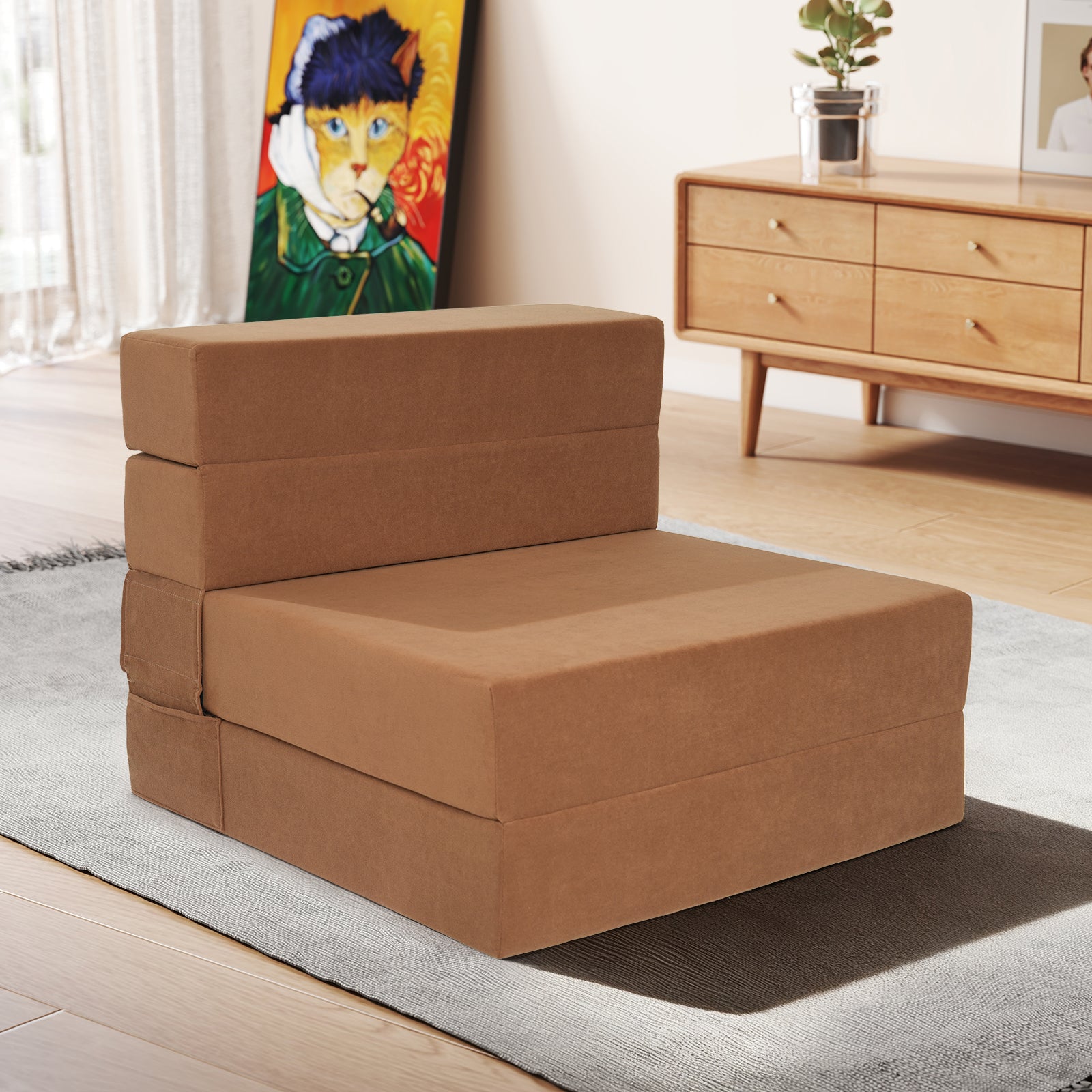 Folding Sofa Bed Convertible Modern Sleeper Couch, Adjustable Straight Backrest for Living Room Bedroom