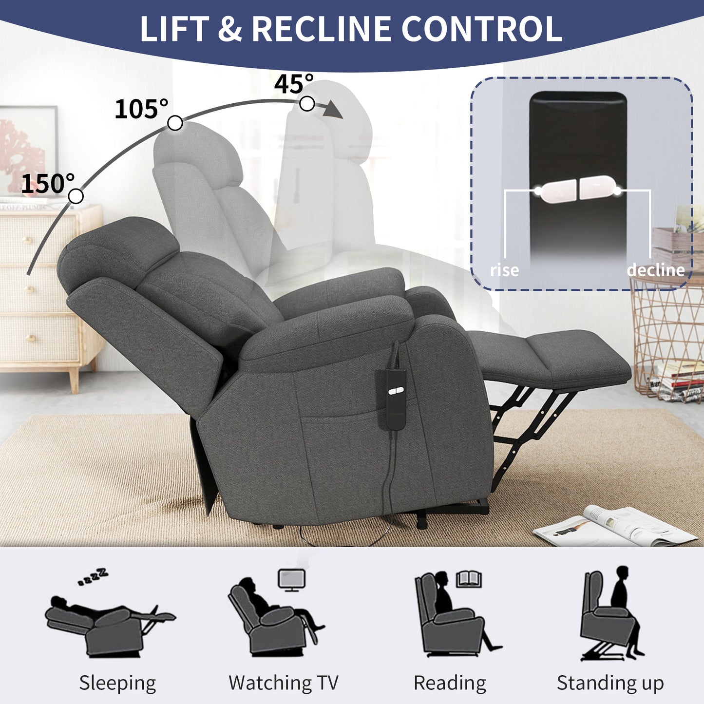 Power Lift Recliner - Dark Gray with Snowflake Velvet for Living Room